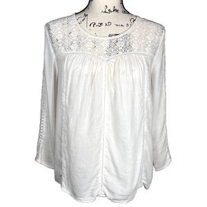 Hinge Sz S 3/4 Sleeve Sweetheart Lace Bodice Blouse White Lace Accents Boho